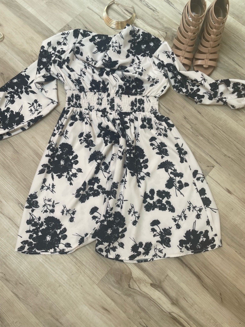Floral Long-Sleeve Smocked Waist Dress - Black on Cream - Picture 2 of 3